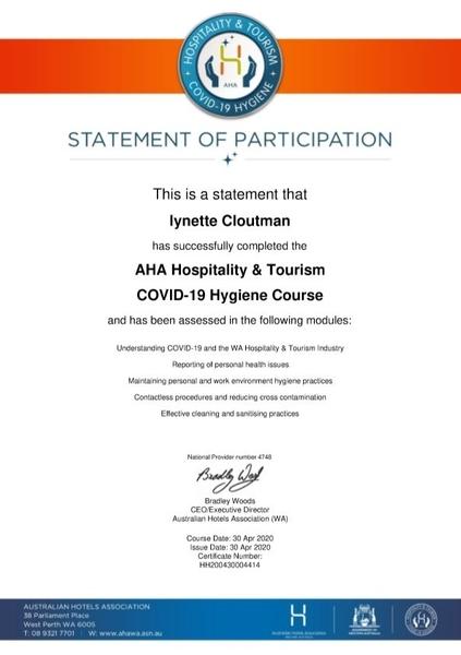 AHA Hospitality & Tourism COVID 19 Hygiene Course  APRIL 2020