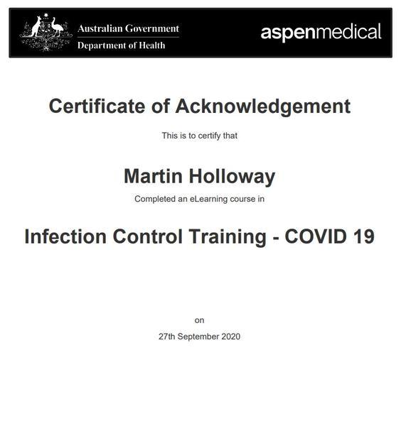 GOVERNMENT INFECTION CONTROL CERTIFIED (COVID-19) SEPTEMBER 2020