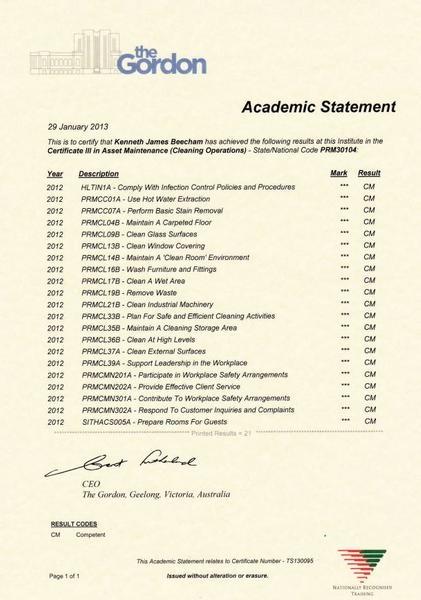 Certificate 3 Asset Maintenance (Cleaning Operations) Academic Statement