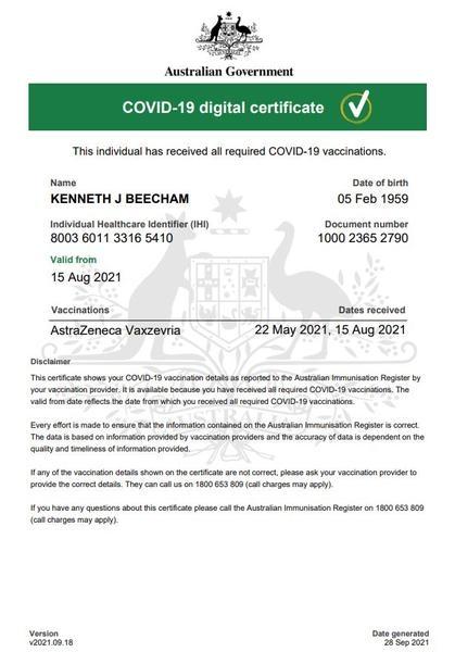 COVID 19 digital vaccination certificate - 15 Aug 2021