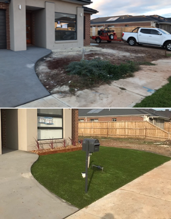 Synthetic lawn installation - before and after - A few plants and some synthetic lawn has really transformed the look of this new house.
