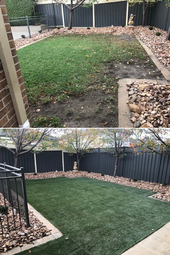 Synthetic lawn installation - before and after - Parts of this natural lawn were struggling to grow in the shady areas so the decision was made to replace it with synthetic lawn. No more worrying about bare patches.&nbsp;