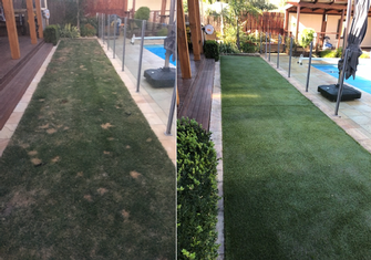 Synthetic lawn installation - before and after - This small patch of natural lawn was never looking its best so the customer was happy to replace it with synthetic lawn.

Now it will always look green and no more burnt patches!