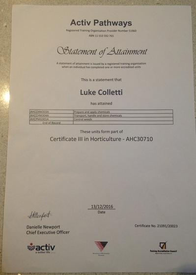 Units attained in Cert 3 in Horticulture