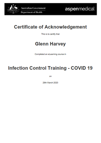 Covid-19 Infection Control - I have completed the Government Covid-19 Infection Control Training, which covers the fundamentals of infection prevention and control&nbsp;for COVID-19 including:


	COVID-19 &ndash; what is it?
	Signs and symptoms
	Keeping safe &ndash; protecting yourself and others
	Myth busting
