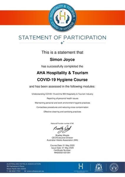 AHA Hospitality & Tourism COVID 19 Hygiene Course MAY 2020