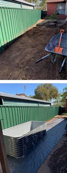 Garden Makeover - before & during - This job involved removing 10 cubic metres of soil, then laying weed mat and securing it down.&nbsp;