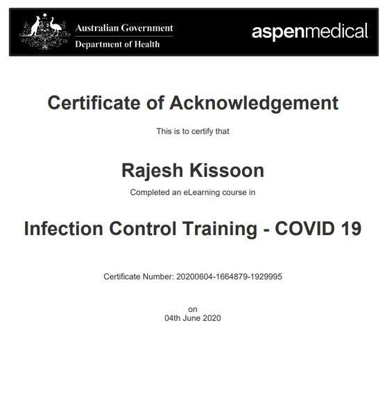 GOVERNMENT INFECTION CONTROL CERTIFIED (COVID-19) JUNE 2020